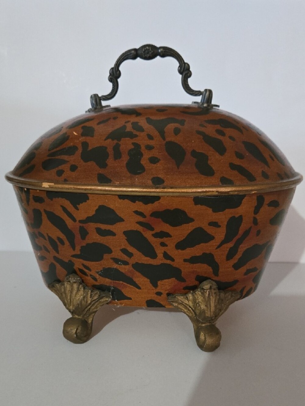Decorative Leopard-Print Covered Trinket Box with Brass Feet - Brown/Black